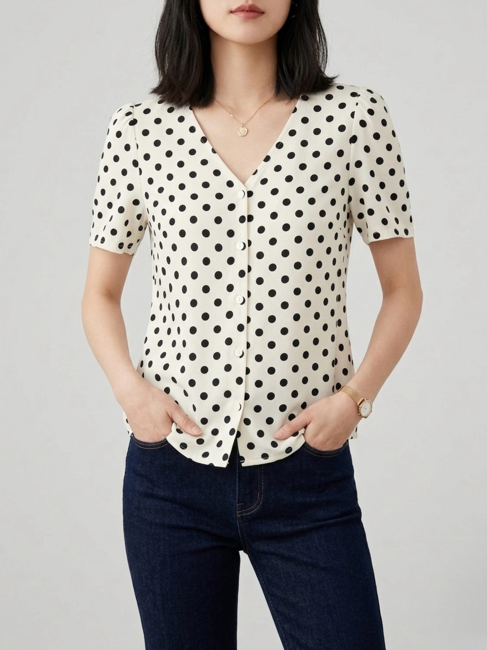 Jones New York - Polka Dot V-Neck Button Front Top